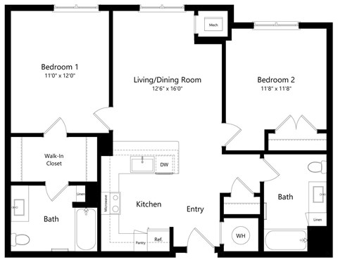 Two Bedroom Floor Plan at Lexington Reserve Senior Apartments in Portsmouth, VA